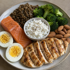 Plato con alimentos ricos en proteína: huevos, pollo y legumbres