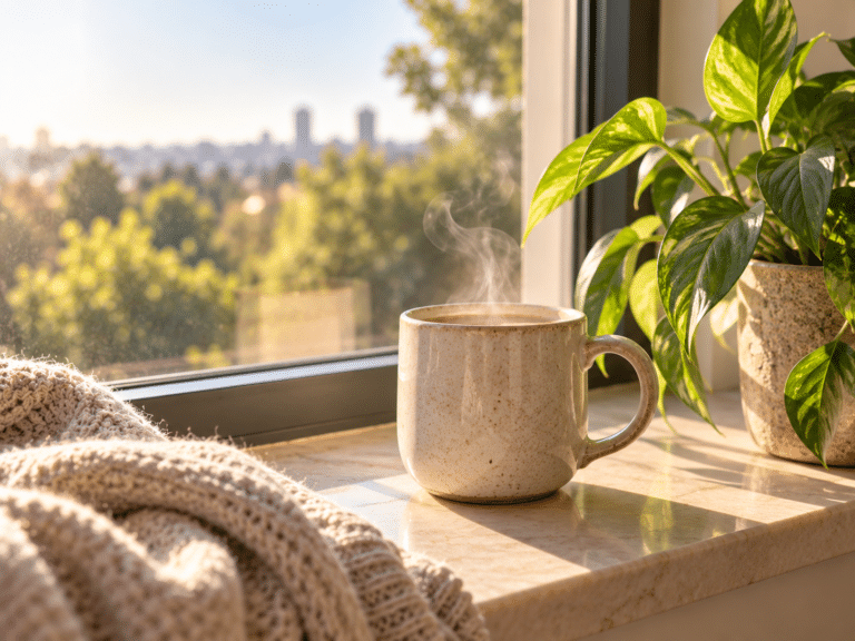 Taza de café junto a una ventana con luz de mañana, rutina para el equilibrio hormonal