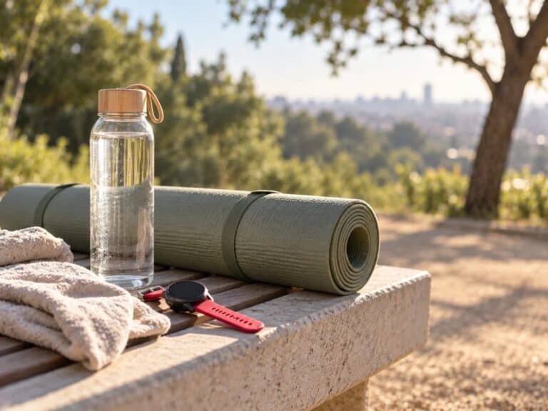 Esterilla de entrenamiento, botella de agua y comba al aire libre