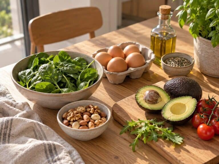 Mesa con espinacas, huevos, aguacate, frutos secos y aceite de oliva